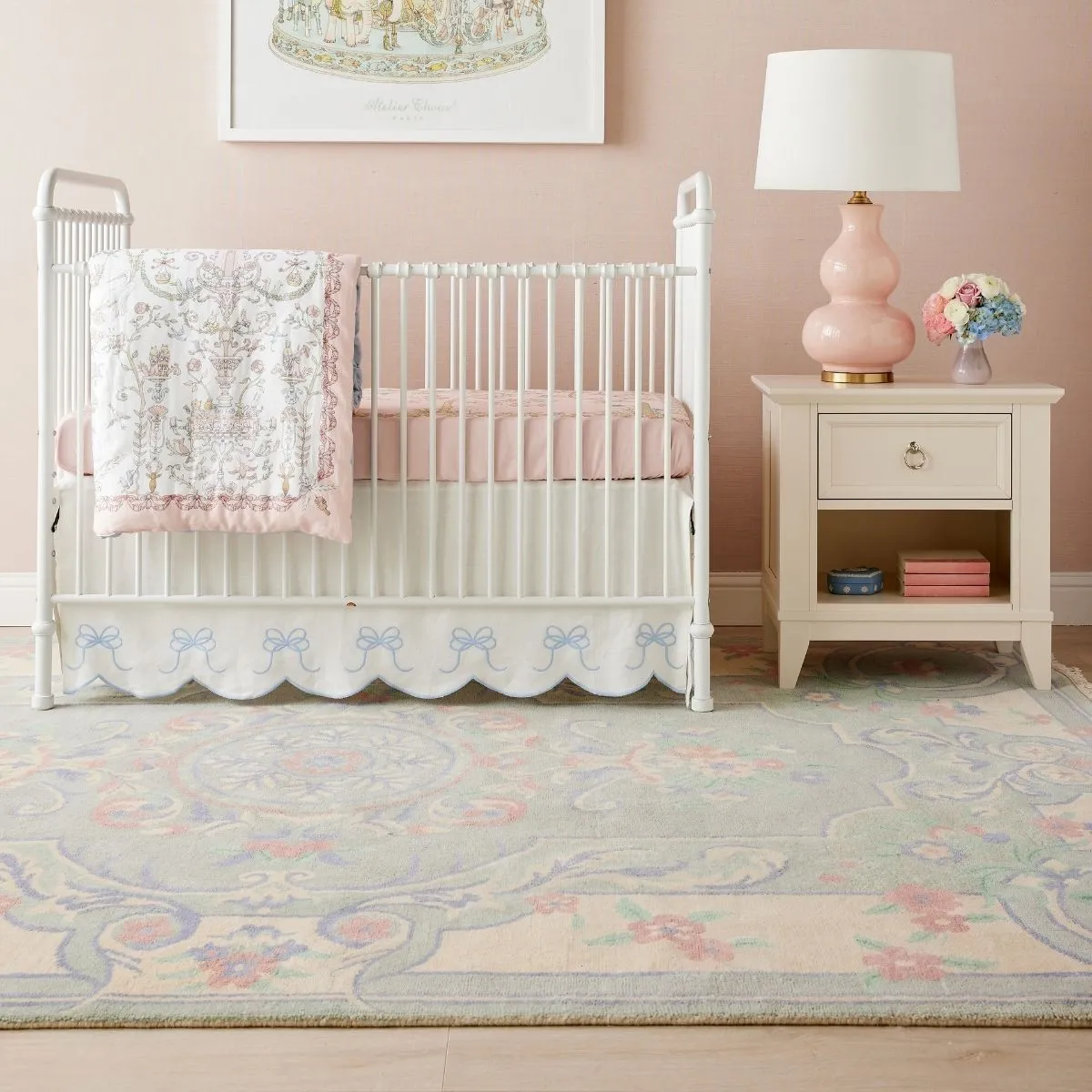 Bow Scalloped Crib Skirt in Soft Blue