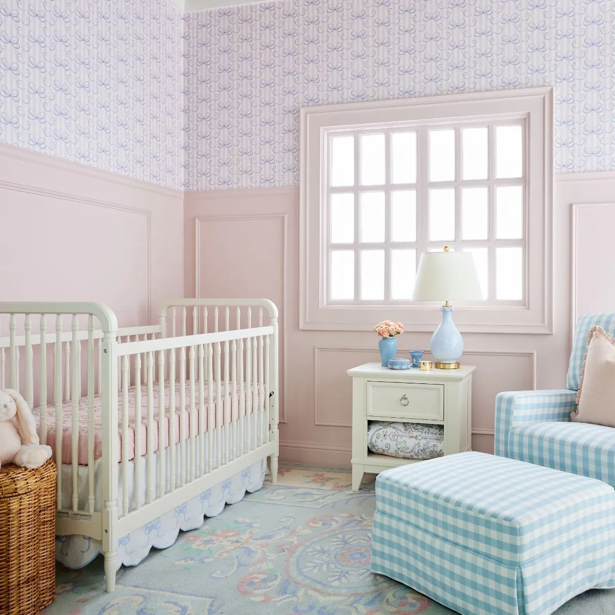 Bow Scalloped Crib Skirt in Soft Blue