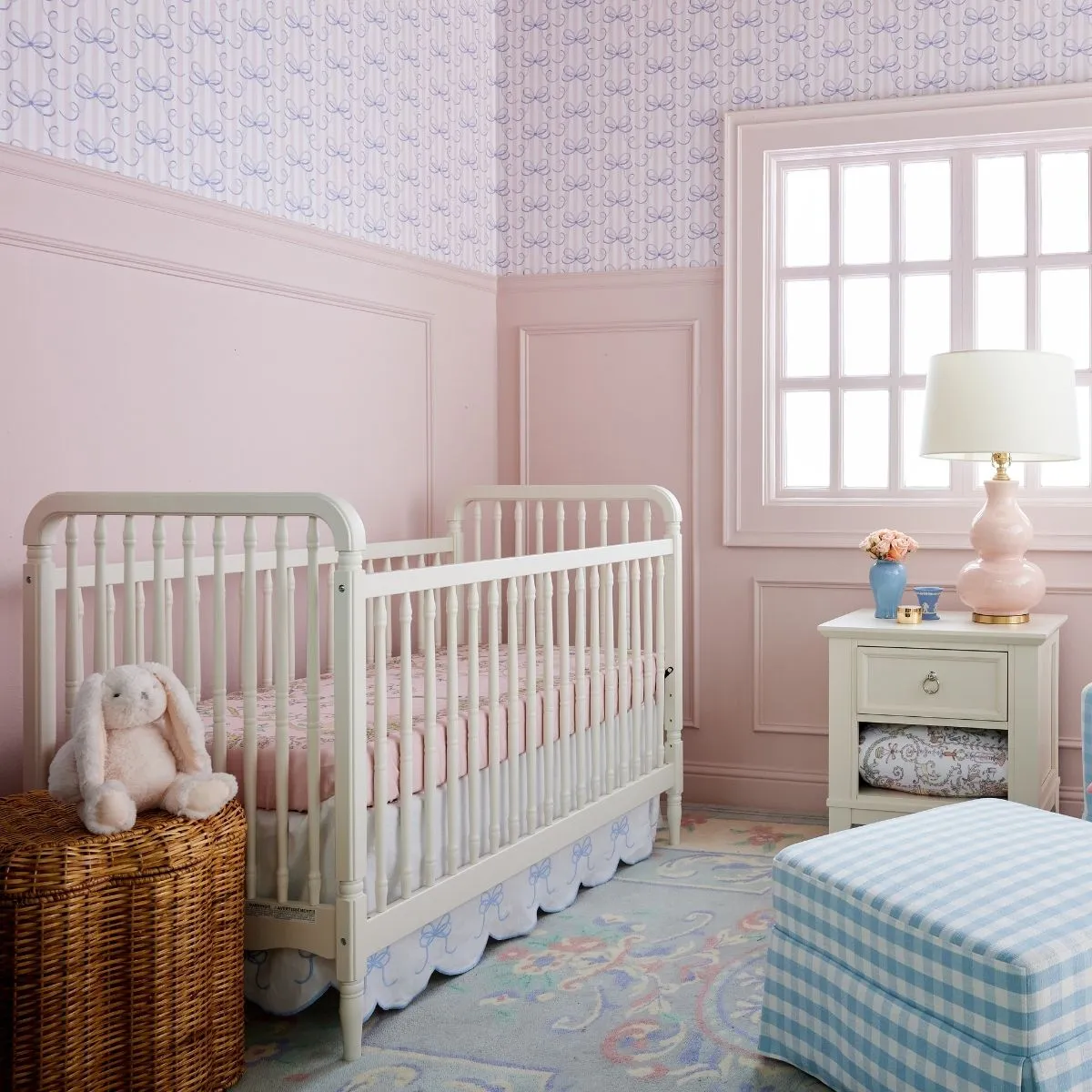 Bow Scalloped Crib Skirt in Soft Blue