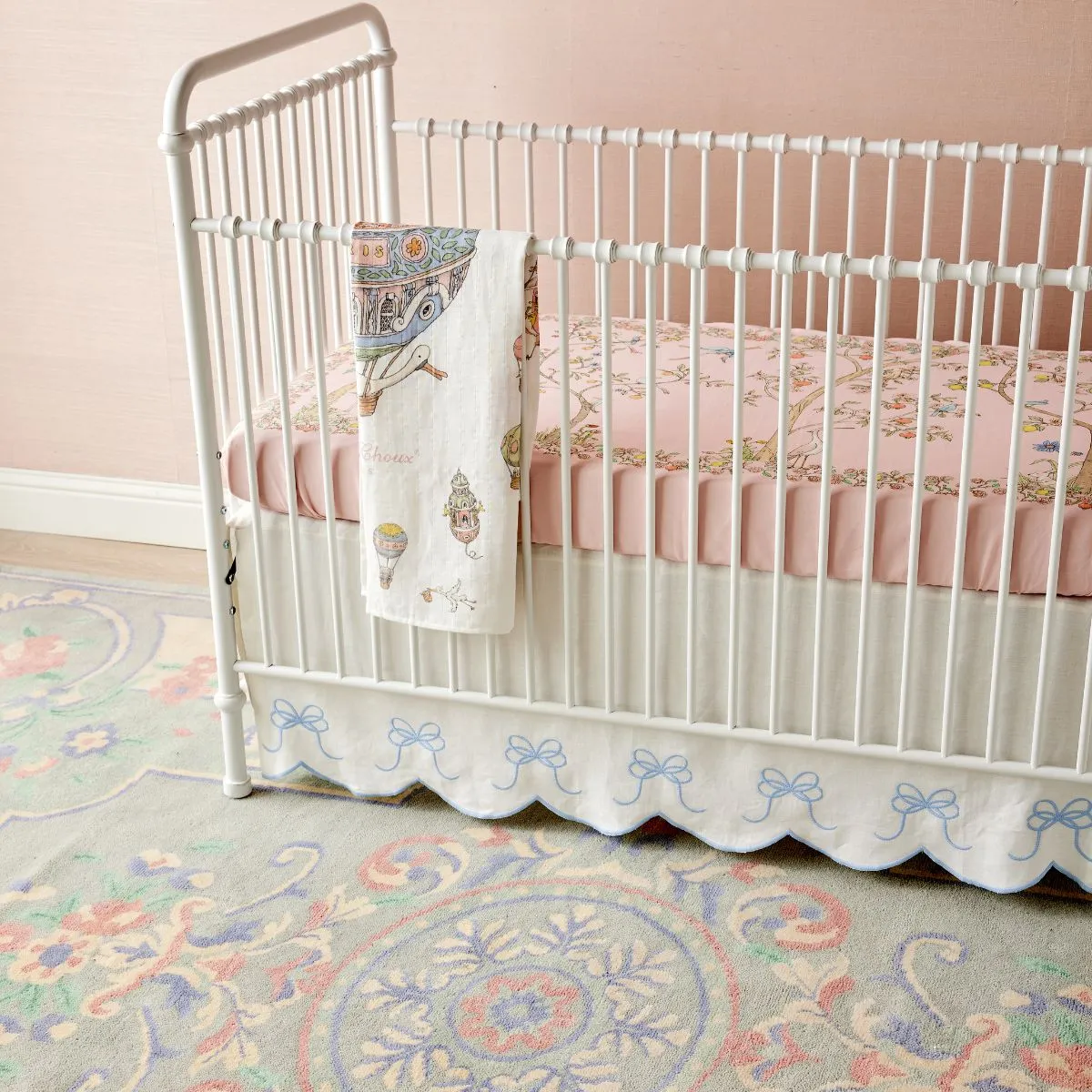 Bow Scalloped Crib Skirt in Soft Blue