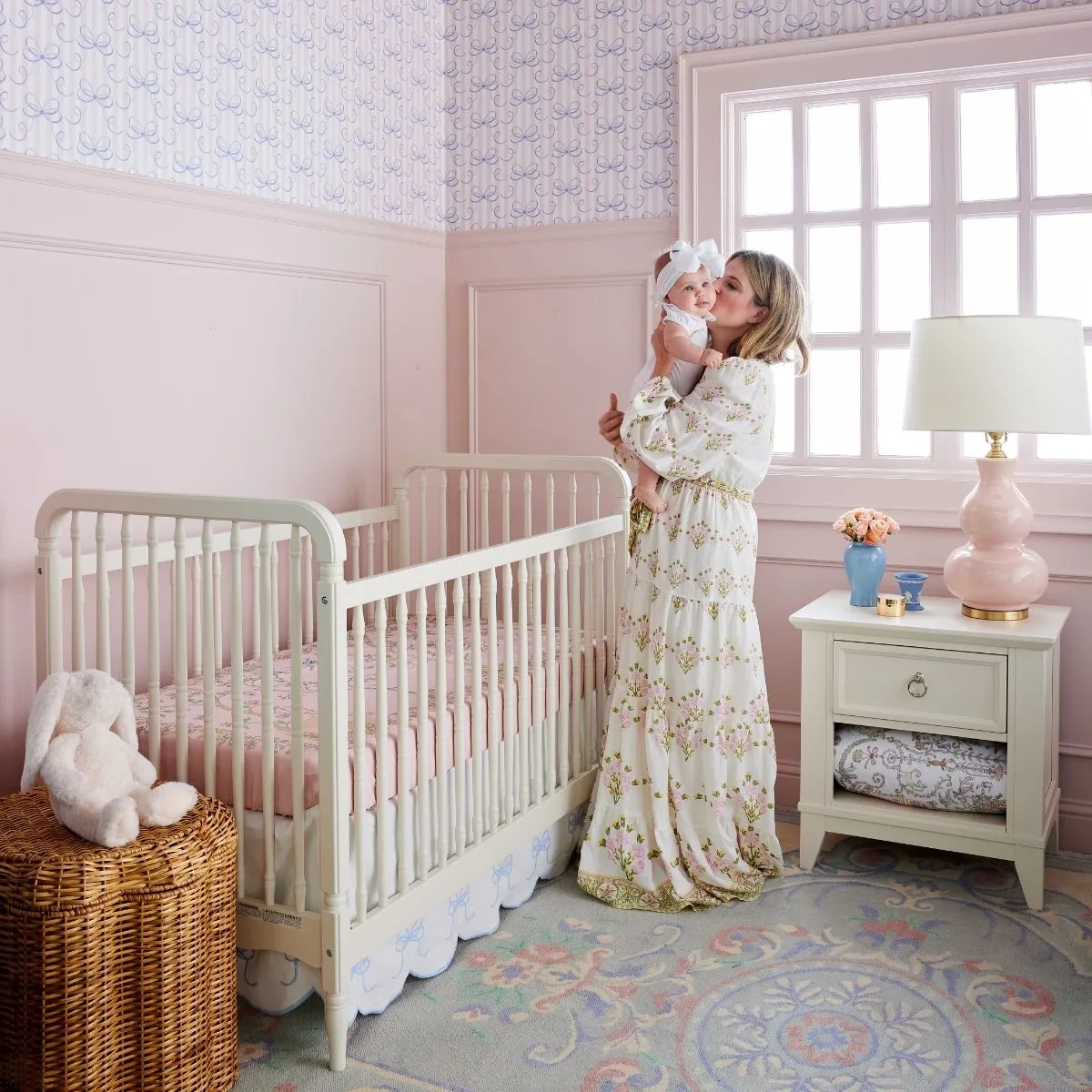 Bow Scalloped Crib Skirt in Soft Blue