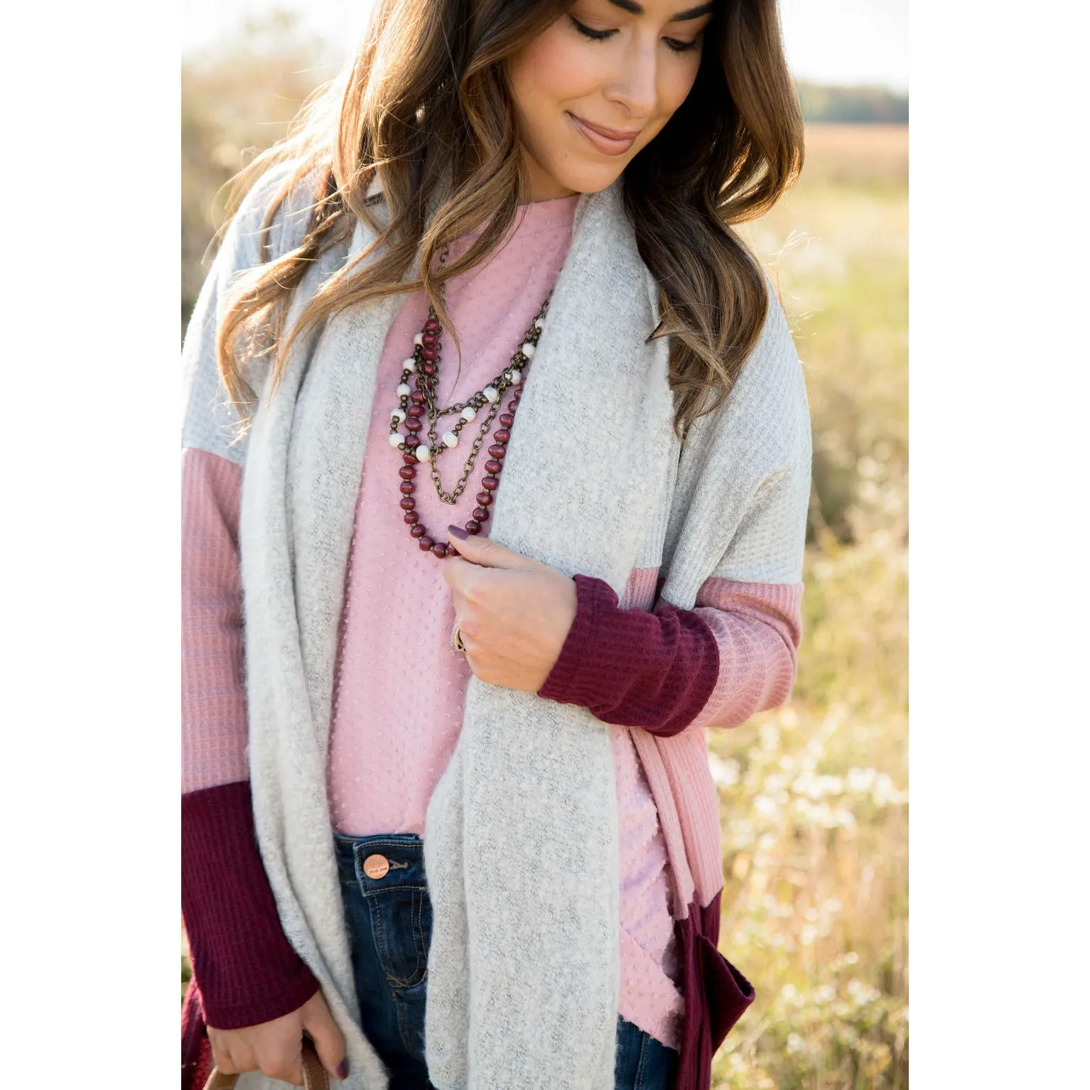 Pink/Burgundy Color Blocked Thermal Cardigan