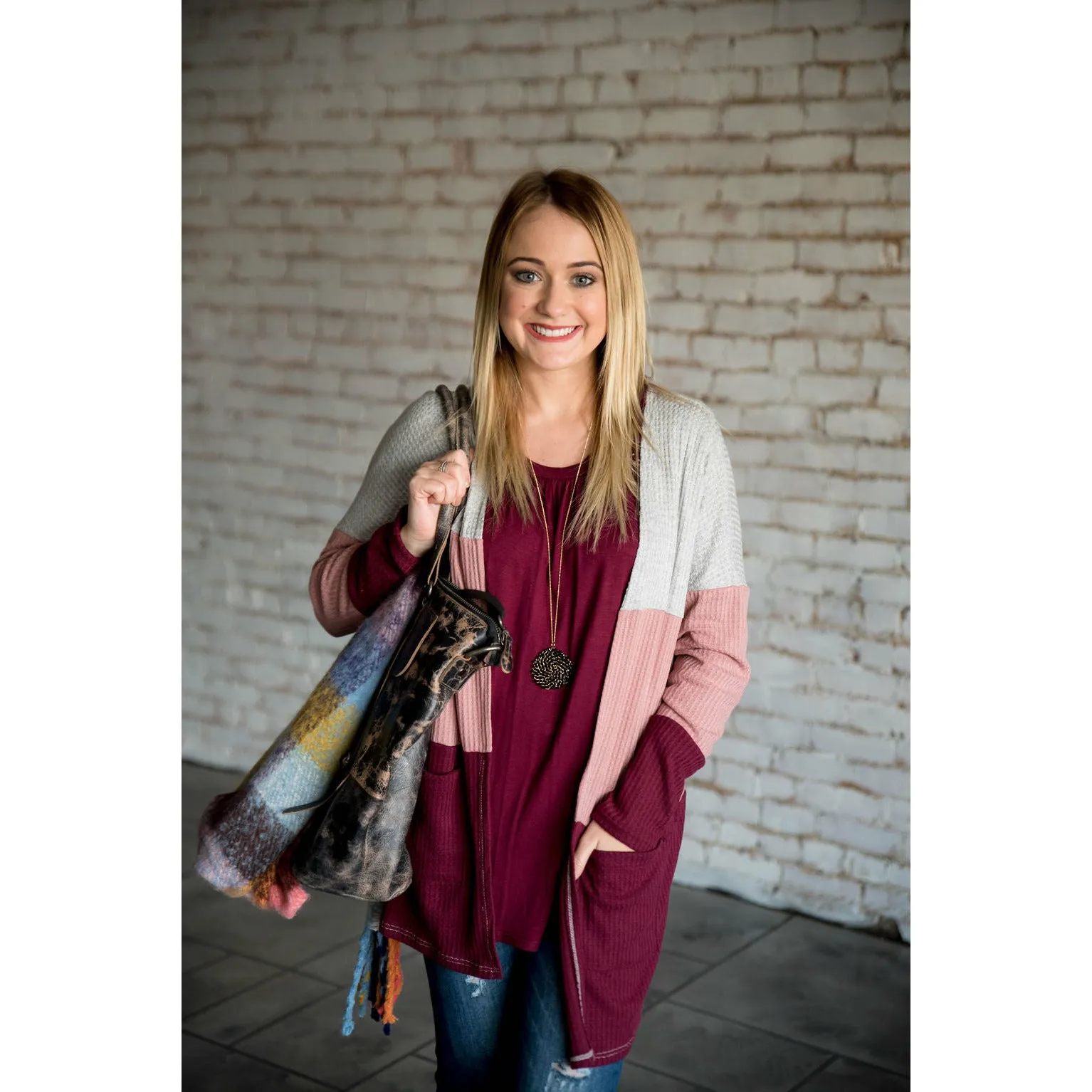 Pink/Burgundy Color Blocked Thermal Cardigan